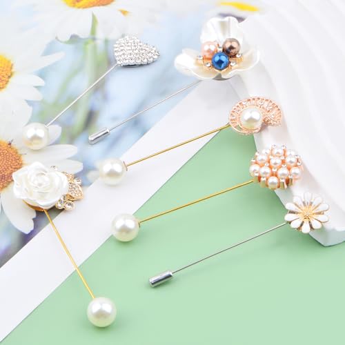 Image of 6 Pieces Pearl Brooch Pins Mixed Rose Daisy Flower Heart Rhinestone Pearl Brooches Suit Shirt Lapel Pins for Men Women Coat Collar Dresses, 6 Styles