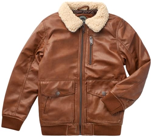 URBAN REPUBLIC Boys Leather Jacket - Full Zip Up Insulated Faux Leather Bomber Jacket for Boys with Sherpa Collar (8-20), Size 8, Cognac