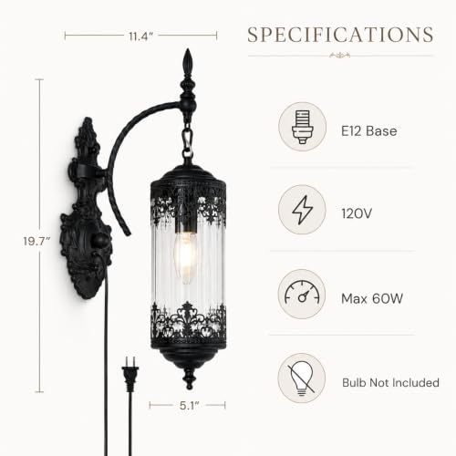 Image of Rustic Gothic Plug in Wall Sconce with Glass | Farmhouse Antique Decorative Metal Wall Light with Plug-in Cord for Hallway, Bedroom, Living Room, Entryway