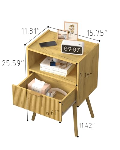 Image of Nightstand,Modern Bedside Table with Storage Drawer and Open Wood Shelf, for Living Room, Bedroom and Small Spaces, Accent Night Stand with Solid Wood Legs, Easy Assembly,Vintage Yellow Oak