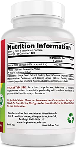 Best Naturals Grape Seed Extract 400 mg Veggie Capsule, 120 Count