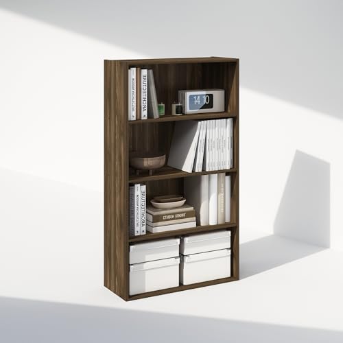 Image of Furinno Simple Book Shelf, 4-Tier Bookshelf, Bookcase with Open Shelf, 9.4 x 23.6 x 41.7, for Living Room, Bedroom, Home Office, Columbia Walnut