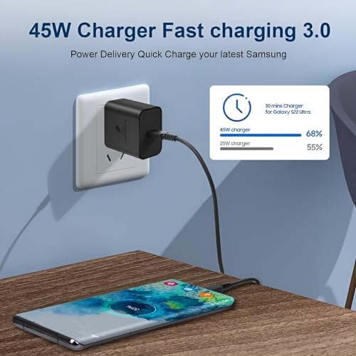 Image of 45W Type C Super Fast Charger Adapter for Samsung Galaxy S25|S24|S23|S22|S21|S20, Ultra|Plus|Fe|Tab S10|S9|A9|A9+|A8|A7, 5G|+, Mobile Phone Support 45 watt USB-C Quick Charge Charging Adaptor, Black