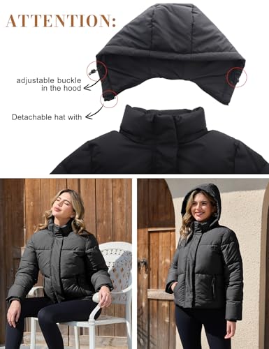 PEHMEA Women's Winter Cropped Puffer Jacket, Full Zip Thicken Short Coat with Detachable Hood4