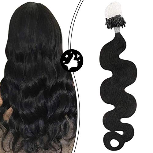Moresoo 18 Inch Human Hair Microbead Extensions Micro Loop Wavy Human Hair Extensions Color #1B Off Black Natural Human Hair Body Wavy Micro Loop Ring Fusion Hair Extensions 50G 50S Per Pack
