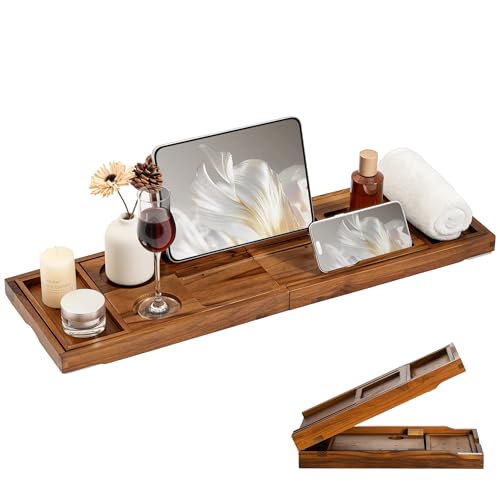 Teak Bathtub Tray for Tub, Expandable Bath Tray 28–40in, Foldable Bathtub Caddy with Wine Glass Holder, Phone & Book Stand, Wooden Bath Tray Organizer, Luxury Bathroom Accessories Gift – Light Walnut