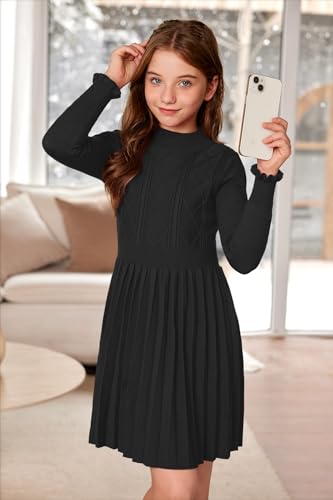 Girls Cable Knit Mock Neck Sweater Dress Fall Winter Long Sleeve Casual Dresses 5-14 Years4