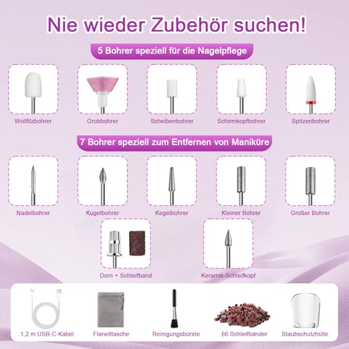 Nagelfräser Kabellos 35000 u/min, EWEIMA 13 in 1 Mehrzweck Nagelfräser für Gelnägel, 1000mAh Elektrische Nagelfeile, 35 Geschwindigkeiten, Professionell Nail Drill mit 66 Schleifbändern (Grau)