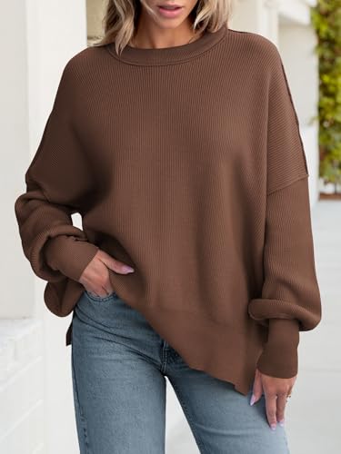 Image of ANRABESS Women Oversized Sweaters Batwing Long Sleeve 2026 Fall Outfits Crewneck Casual Knit Side Slit Fashion Pullover Top