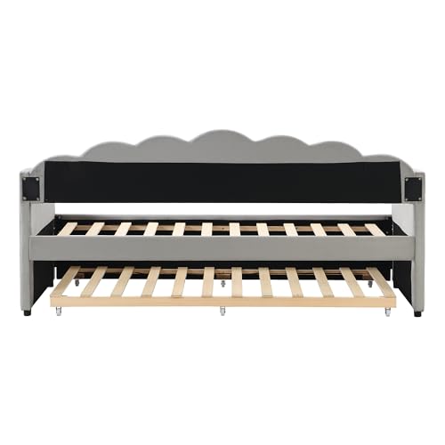 Upholstered Bed Day Bed, 3FT Single Bed with Underbed In Grey, 2 beds in 1 Sofa Bed Double Bed with Trundle Bed, Modern Bed Frame 90x190 cm for Living Room Bedroom, Easy assembly, Velvet, No Mattress