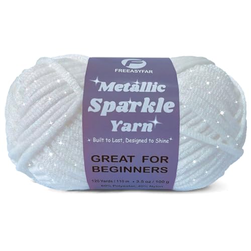 Image of Metallic Sparkle Yarn for Crochet and Knitting with Easy-to-See Stitches, Worsted Weight Medium #4, Beginners Yarn for Amigurumi, Bags, Handmade Gifts, Home Decor (White, 1 Pack)