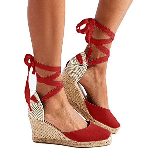 Preisvergleich Produktbild Onsoyours Damen Sommer Sandalen Keile Schuhe Espadrilles Absätze Knöchel Gurt Schuhe Römersandalen Mode Casual Süßer Plattform Sommerschuhe A Rot 37 EU