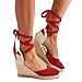 Produktbild Onsoyours Damen Sommer Sandalen Keile Schuhe Espadrilles Absätze Knöchel Gurt Schuhe Römersandalen Mode Casual Süßer Plattform Sommerschuhe A Rot 37 EU