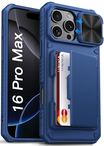 Image of Vihibii PC + Silicone Wallet Case With Card Holder(4 Cards) [RFID Blocking]&Slide Camera Cover&Raised Edges Protect Screen,Shockproof Rugged Case For iPhone 16 Pro Max 6.9 inch 2024,Blue