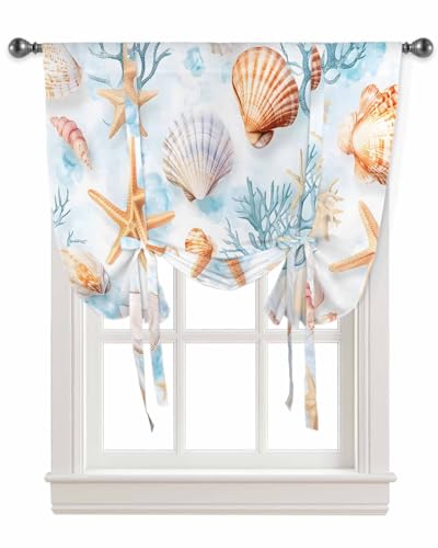 Tie Up Curtains for Kitchen Windows,Summer Ocean Starfish Coral Shell Adjustable Balloon Shade Curtain Panel Rod Pocket Drapes for Small Window Decor 34