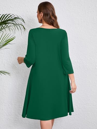 Image of AusLook Women's Plus Midi Dresses Crew Neck A Line 3 /4 Sleeves Casual Elegant Loose Wedding Vacation Dress with Pockets