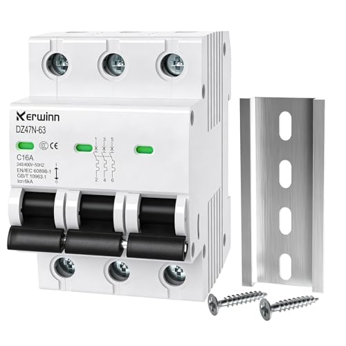 KERWINN 3 Pole Miniature Circuit Breaker,240V/480V AC Circuit Breaker, 16Amp Thermal Magnetic Trip Smart Circuit Breaker AC Disconnect Switch DIN Rail Mount (16A)