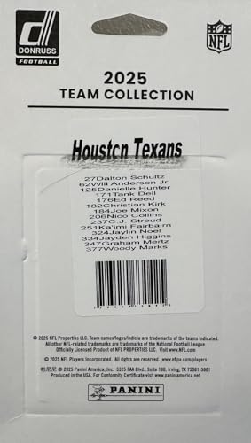 Houston Texans 2025 Donruss Factory Sealed Team Set Featuring CJ Stroud, Will Anderson and Warren Moon with Rated Rookie Cards of Jaylin Noel, Jayden Higgins, Graham Mertz and Woody Marks Plus