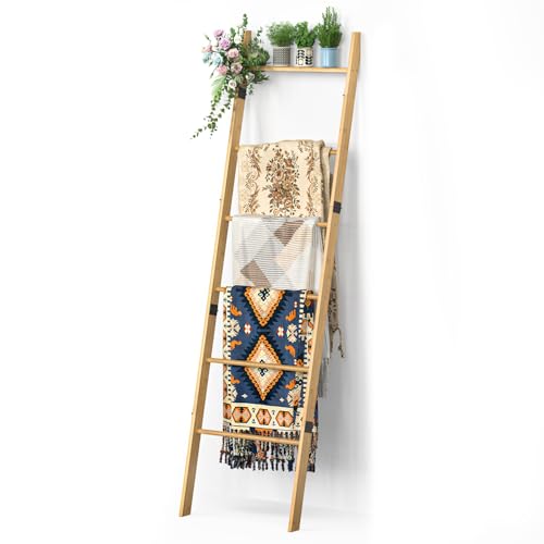 BAMBANG 6-Stufige Handtuchleiter für Wohnzimmer, Deckenquilt-Leitergestell Dekorativer Handtuchhalter, an der Wand lehnende Deckenleiterregal-Ablage für Schlafzimmer, Blanket Ladder Rack, Natur