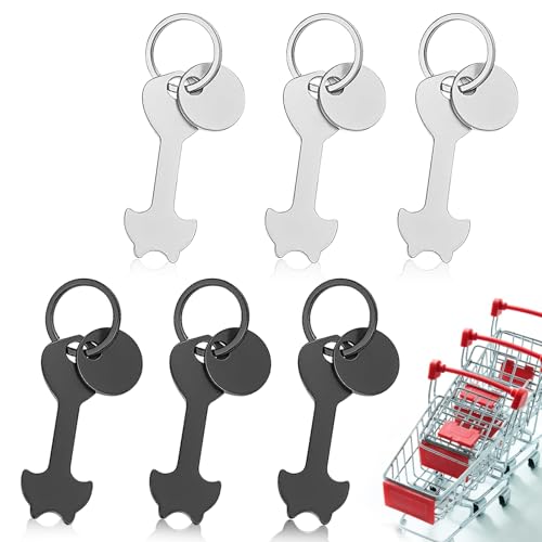 HUSOUE Trolley Release Key Tool, 6 PCS Universal Stainless Steel Trolley Token Personalized Shopping Trolley Coin Keyring for Removable Shopping Carts (Black)