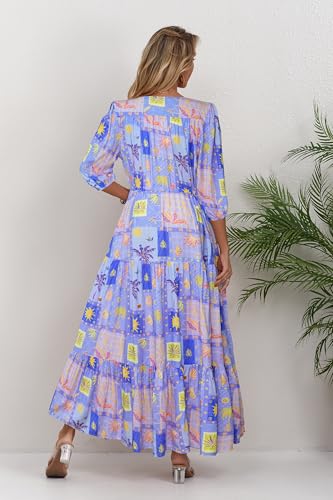 Image of Women Short Sleeve V Neck Floral Print Casual Bohemian Maxi Dresses
