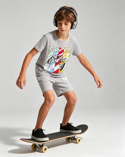 Image of Cakaner Tween Boys Summer Clothes 2 Piece Short Sleeve Graphic T-Shirt and Shorts Casual Outfit Set Size 7-14