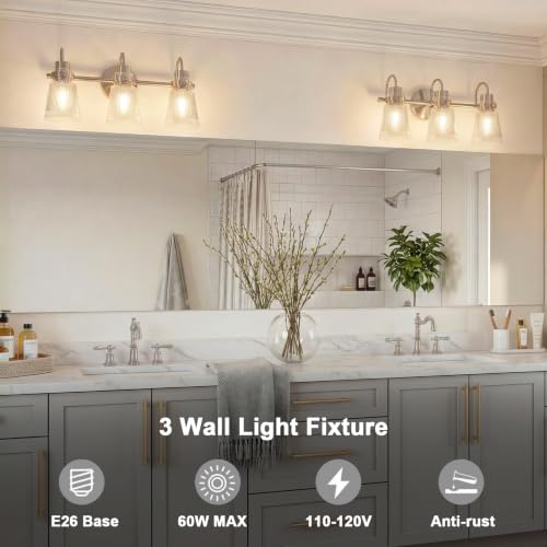 Image of Brushed Nickel Bathroom Light Fixtures, 18.8 Inch Modern Vintage Vanity Lights with Clear Striped Glass Shade, 3-Light Bathroom Wall Sconce Over Mirror for Entryway Bedroom