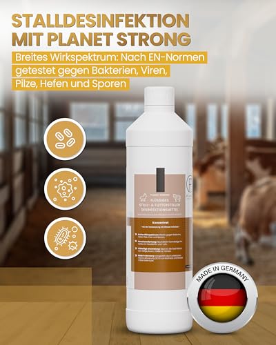 1L Stalldesinfektionsmittel Konzentrat Planet Strong® – Wirksam gegen Bakterien, Pilze & behüllte Viren (z. B. Influenza-Viren) – Für Ställe, Tierhaltung, Flächen & Futterstellen | Made in Germany