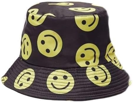 HAJRA® Versatile Unisex Cotton Bucket HAT with a Charming Print, Ideal for Sun, Hiking, Holidays. Bucket Hat Design Fits All Men, Women, Teens. 56-58cm (Black Hat Emoji)