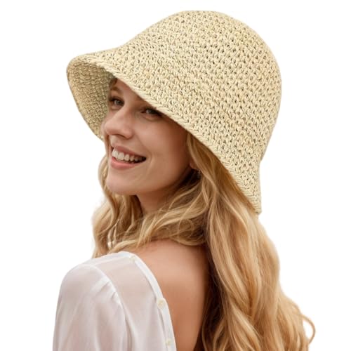 Image of Womens Floppy Straw Sun Hat Packable Wide Brim Summer Beach Hat Foldable Crochet Bucket Hats