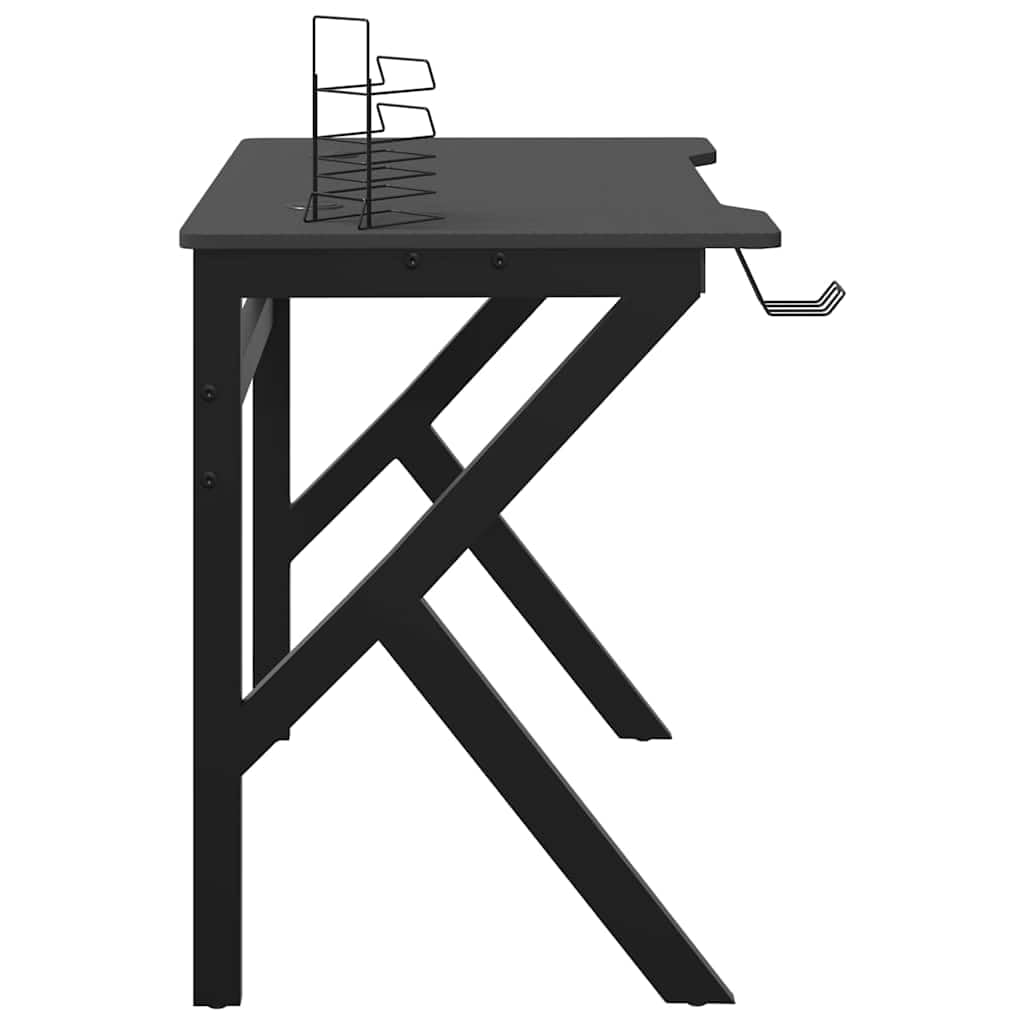 Scrivania da gioco con rack K nero, 90 x 60 x 75 cm, robusto tavolo da gioco ergonomico con supporto per bicchieri, materiale in legno e ferro