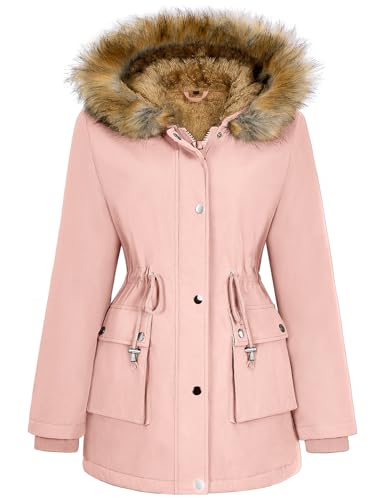 Wiepux Womens Winter Coat Warm Thicken Puffer Jackets with Fur Hood Fleece Lined Parka Full-Zip Coat,Pink,L