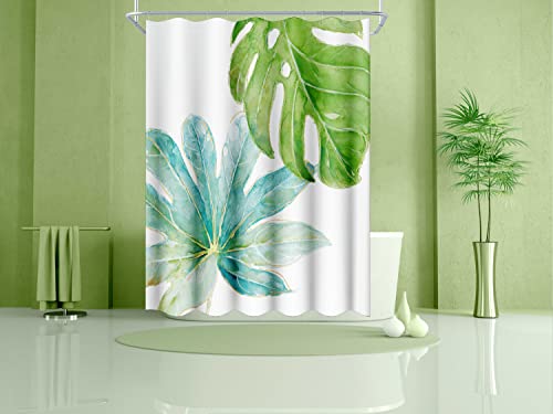 Tropical Shower Curtains For Bathroom, Green And White Monstera Plant Shower Curtain Hawaiian Leaf Beach Bath Curtain Polyester Waterproof Fabric Shower Curtain With Hooks, 72"X72" #TOP18