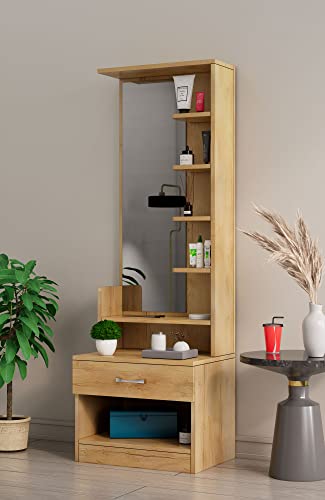 Image of Bniture Wooden Dressing Table for Bedroom with 1 Drawer, Mirror and Huge Storage Space | Long Dresser Vanity Table with Mirror (42D x 60W x 180H CM) | 1 Year Warranty (Giant Wood, HXDR102)