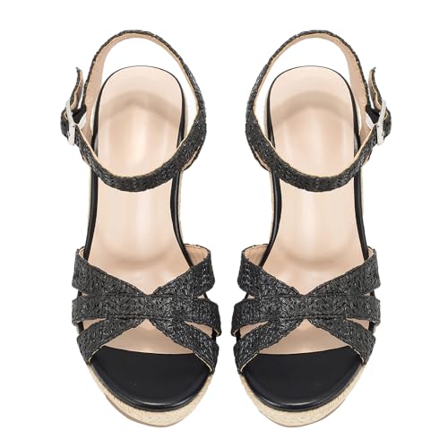 Image of Women's Wedge Platform Sandals - Stylish Raffia Woven Espadrilles Summer Sandals Women's Open Toe Buckle Ankle Wedge Heels