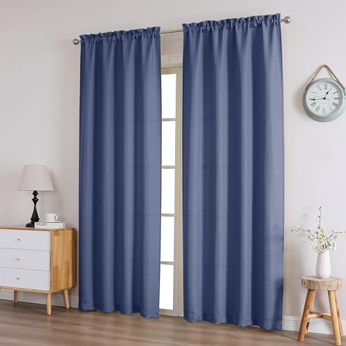 image for Chyhomenyc Bennet Blue Curtains 84 Inches Long 2 Panels, Faux Linen Te