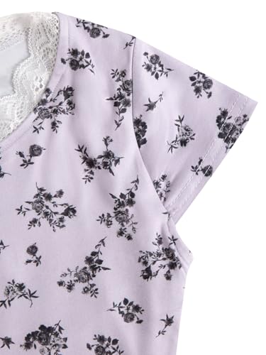 Image of RoseSeek Girl's Ditsy Floral Print Lace T Shirt Short Sleeve Ribbed Ruched Cute Tee Shirts Summer Tops