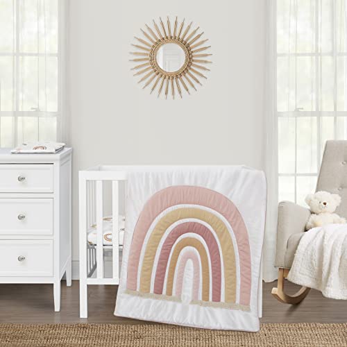 Image of Sweet Jojo Designs 3-Piece Baby Mini Crib Bedding Set (Boho Rainbow) for Girls, Infants/Nursery incl. Blanket & Portable Pack n Play Fitted Sheets (Pink, Bohemian, Modern, Celestial, Sky, Mauve & Tan)