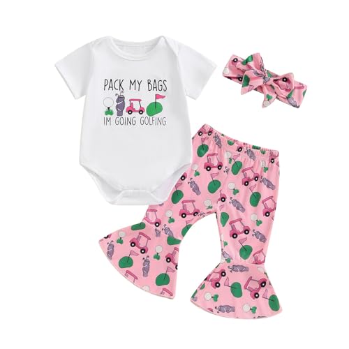 Newborn Baby Girl Golf Outfit Letters Short Sleeve Romper Golf Cart Bell Bottoms 3Pcs Set Infant Summer Clothes