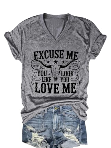 Excuse me You Look Like You Love Me Shirts Vintage Cow Skull T Shirt Country Music Graphic Tees Short Sleeve Tops(Grey,L)
