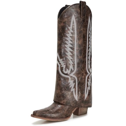 Image of Fold Over Boots for Women Pointy Pull-on Wedge Heel Knee Shark Boot With Side Zipper Padlock Design