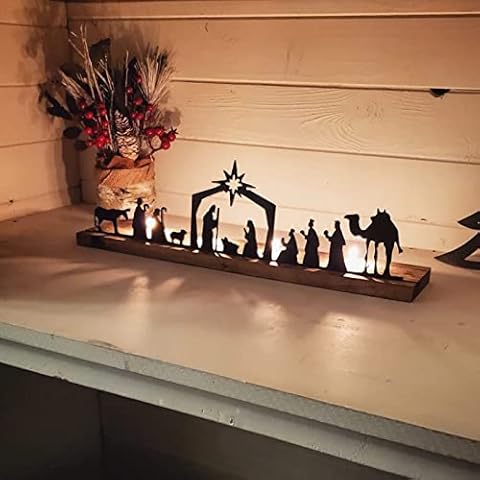 Algado Metal Nativity Scene Nativity Set Advent Candle Holder, Rustic Christmas Decoration Jesus Nativity Scene Wood Christmas Candlesticks, for Xmas Party (1), Algadocggty890ki-03 Cover