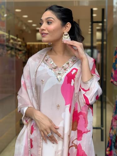 Image of Naixa Women's Natural Crepe Embroidered and Printed Straight Kurta with Pant and Dupatta Sets (M-Meghna)