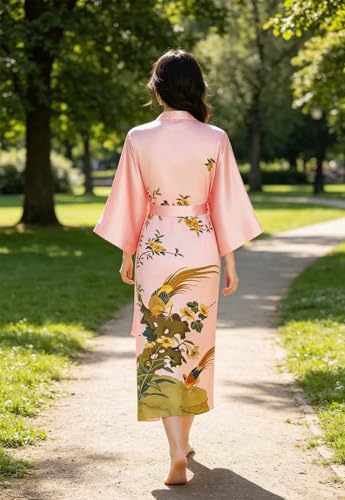 Image of Women's Classic 100% Silk Kimono Robe, Bathrobe-Printed Pattern