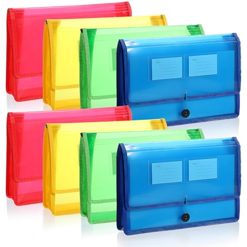 8 Pack Plastic Expanding File Wallet Document Organizer with Flap and Cord Closure, 3.1" Expansion, Clear Colored Poly A4 Expandable File Folder for Home School & Office Storage, Fit Letter/A4 Size