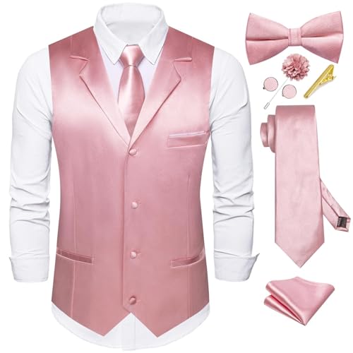 Dubulle Mens Satin Vest and Tie Solid Suit Waistcoat and Pre-tied Bowtie Set for Men Lapel Pin Wedding Party