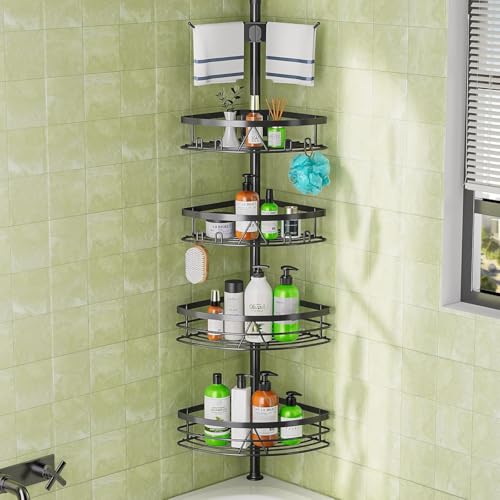 Dicasser Corner Shower Caddy - Tension Pole Rod Organizer, Floor to Ceiling 20-113 inch, Adjustable Towel Rack Waterproof Rustproof, Black