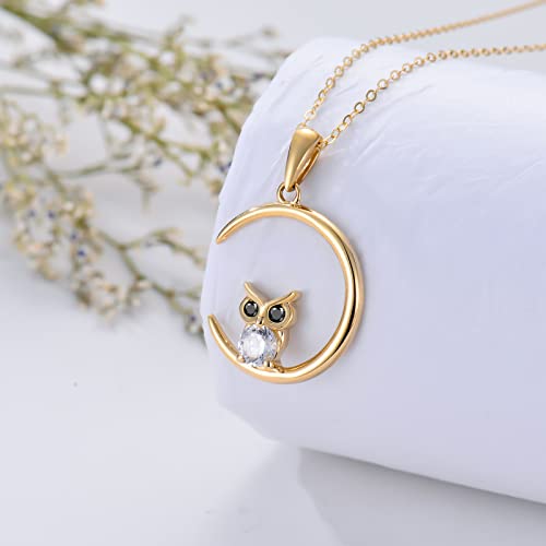 Mrenite Solid 14K Yellow Gold Owl Moon Necklace With Cubic Zirconia Owl And Moon Pendant Necklace For Women Jewelry Gift Christmas #TOP1