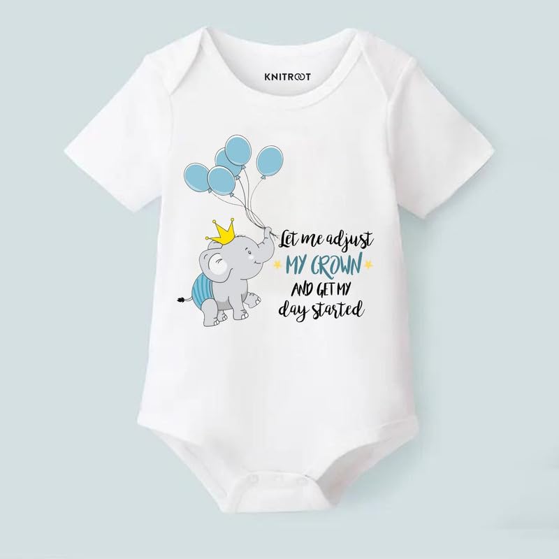 Image of KNITROOT New Born Theme, Let Me Adjust My Crown, Onesies, Unisex Baby Kids Half Sleeve 100% Cotton Romper, Sleepsuit, Bodysuit, 0-12 Months, Infant Cloths for Boys & Girls