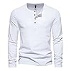 Mens Vintage Henley T Shirts Long Sleeve Blouse Tops Pullover Button Up Casual Loose Fit Tee Shirts Casual 4 Button V Neck Tee Basic Tops White #1